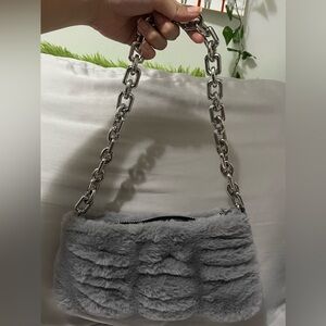 Zara Gray Furry Chain Linked Shoulder Bag